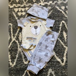 NWOT bear onesie, bear pants, hat, socks